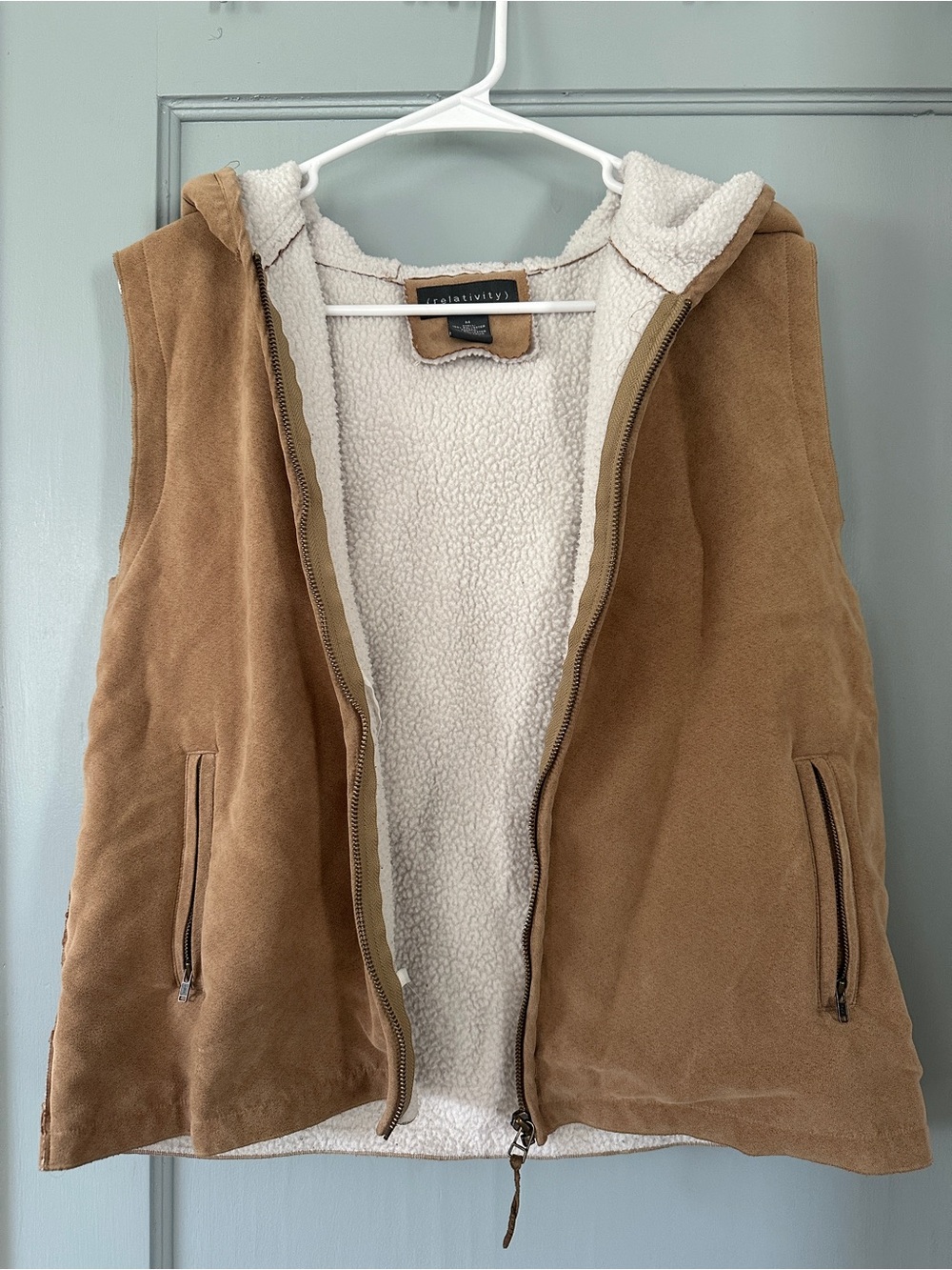 Relativity Tan Suede-Look Sherpa-Lined Hooded Vest